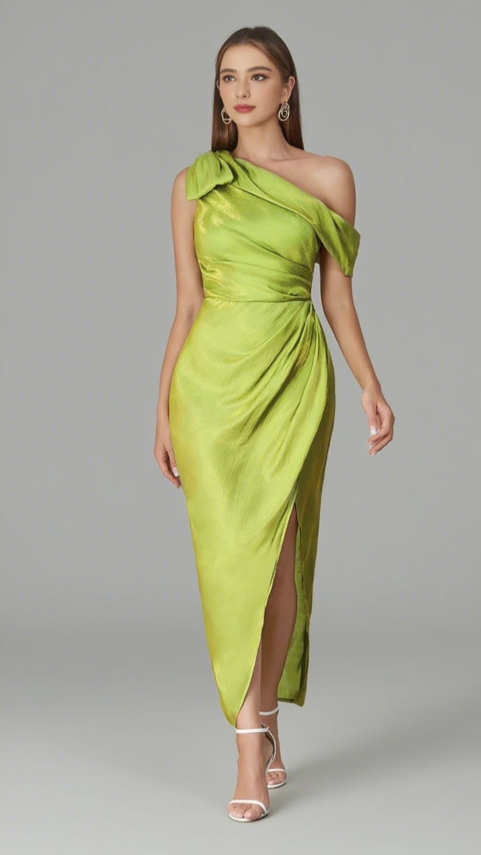 ONE - SHOULDER BOW - DETAIL RUCHED MIDI DRESS IN GREEN