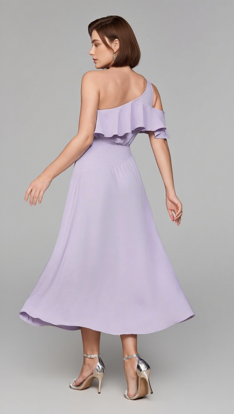 ONE - SHOULDER RUFFLED MIDI DRESS IN LAVENDER