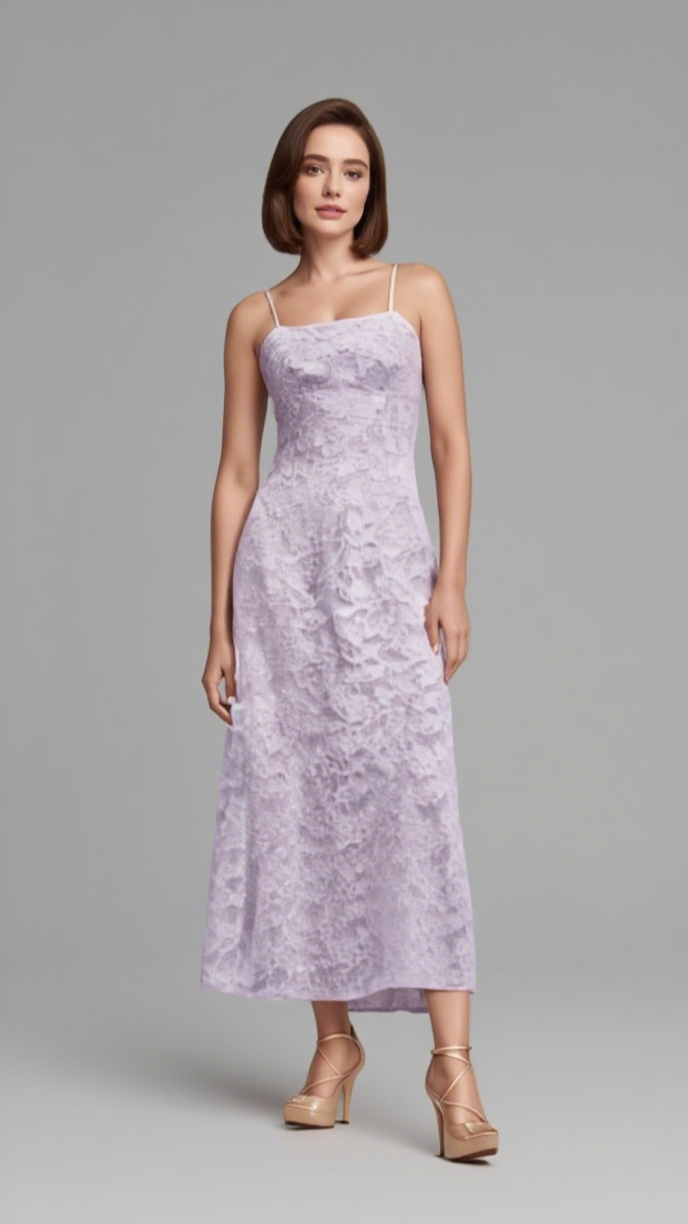 ABITO MIDI CON SPALLINE IN PIZZO FLOREALE COLOR LAVANDA