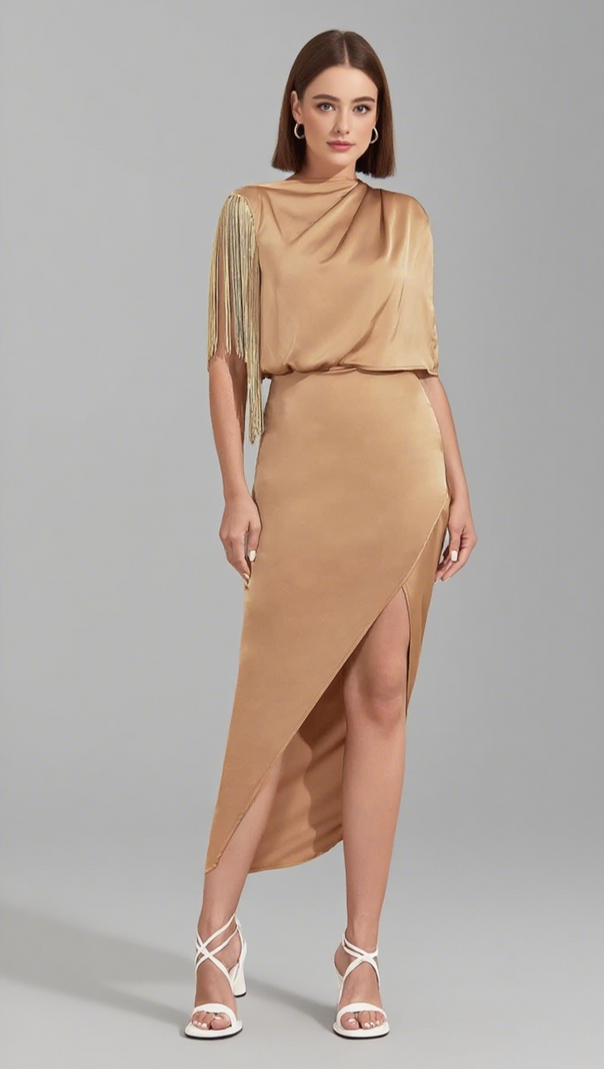 AIIZIE ASYMMETRIC FRINGE - TRIMMED SLIT MIDI DRESS IN BEIGE - product image