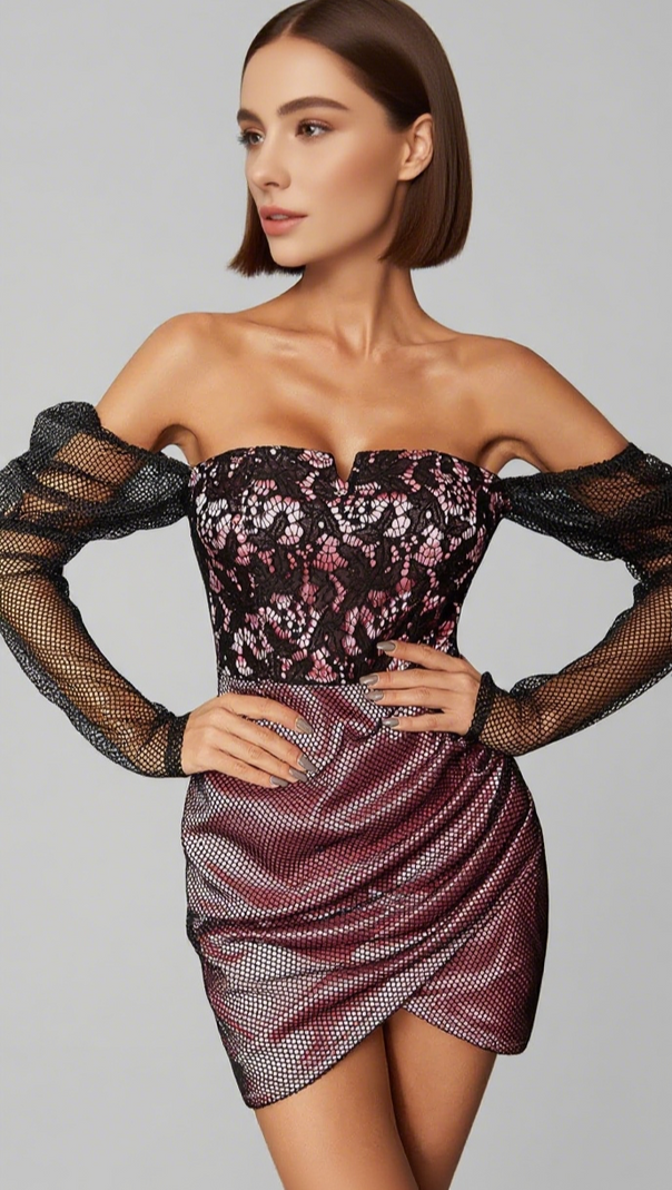 AIIZIE MESH - SLEEVE LACE - TOP ASYMMETRIC MINI DRESS IN PINK - product image