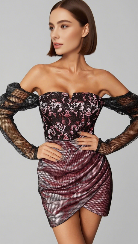 MESH - SLEEVE LACE - TOP ASYMMETRIC MINI DRESS IN PINK