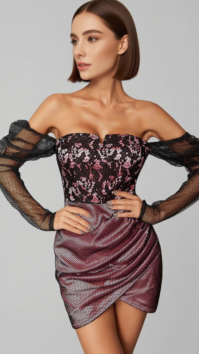 MESH - SLEEVE LACE - TOP ASYMMETRIC MINI DRESS IN PINK