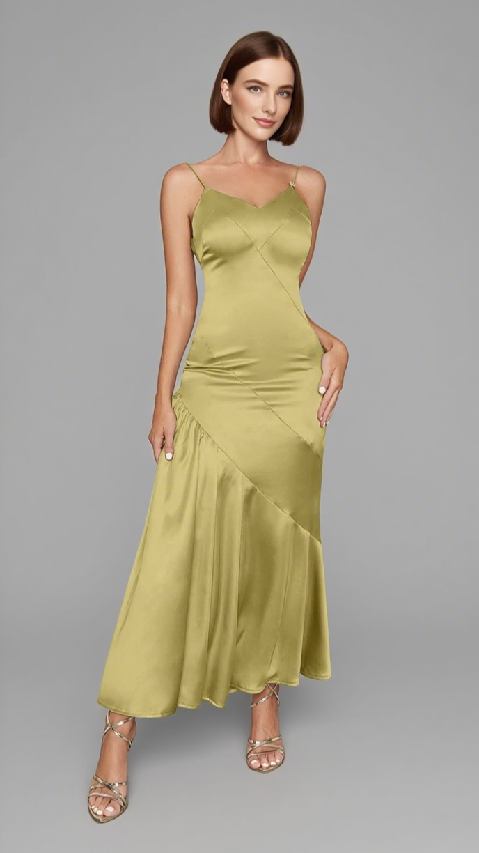 SATIN ASYMMETRIC RUFFLED  MIDI DRESS IN YELLOW