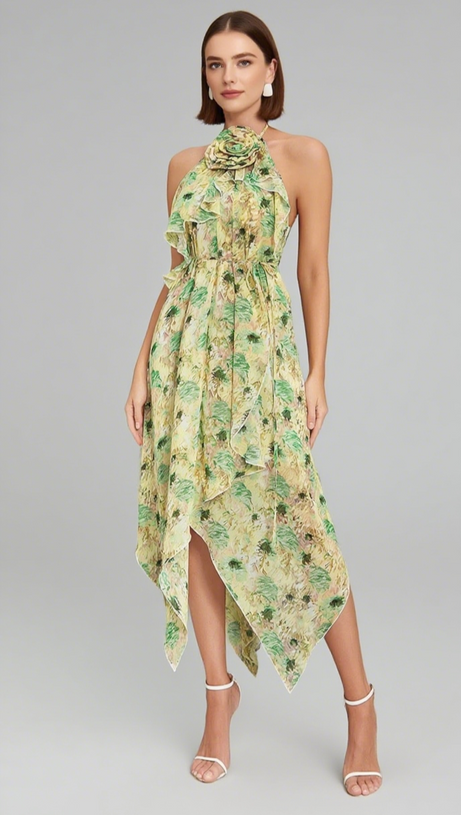 FLORAL CHIFFON HALTER NECK RUFFLED ASYMMETRIC MIDI DRESS