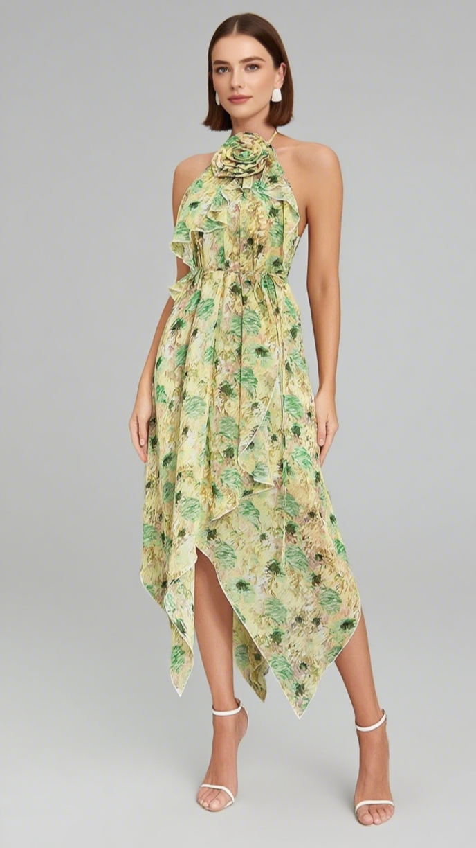 FLORAL CHIFFON HALTER NECK RUFFLED ASYMMETRIC MIDI DRESS