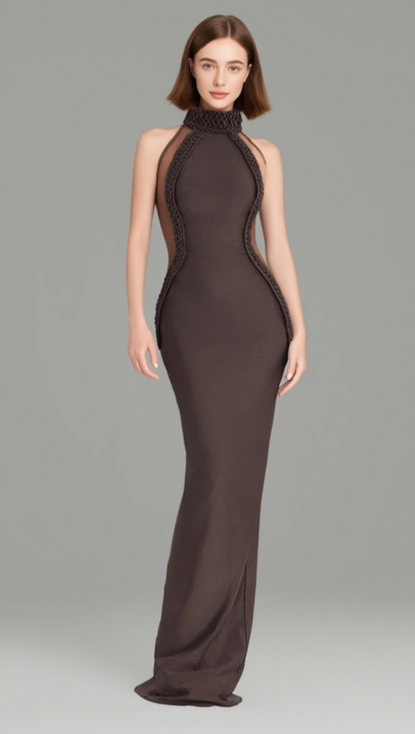 HALTER NECK MESH PANELED MAXI DRESS IN BROWN