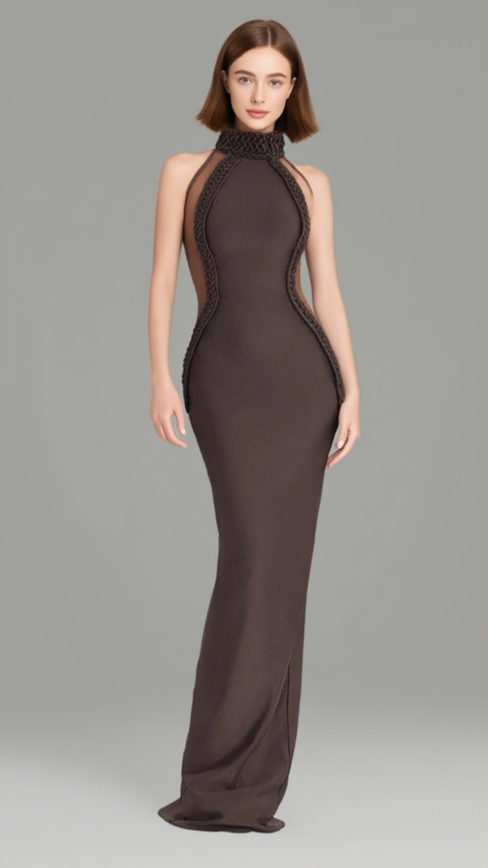 HALTER NECK MESH PANELED MAXI DRESS IN BROWN