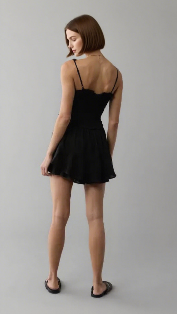 AIIZIE RUFFLE TIERED ROMPER MINI DRESS IN BLACK - product image