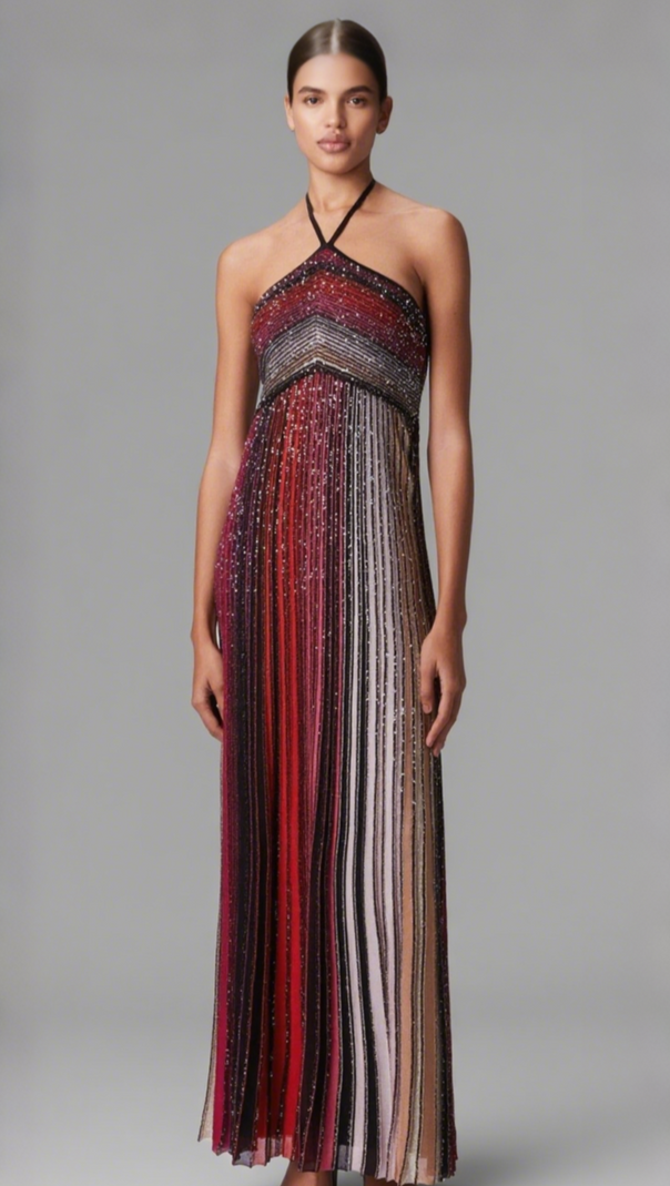 AIIZIE HALTER METALLIC GRADIENT KNIT MAXI DRESS - RED - product image
