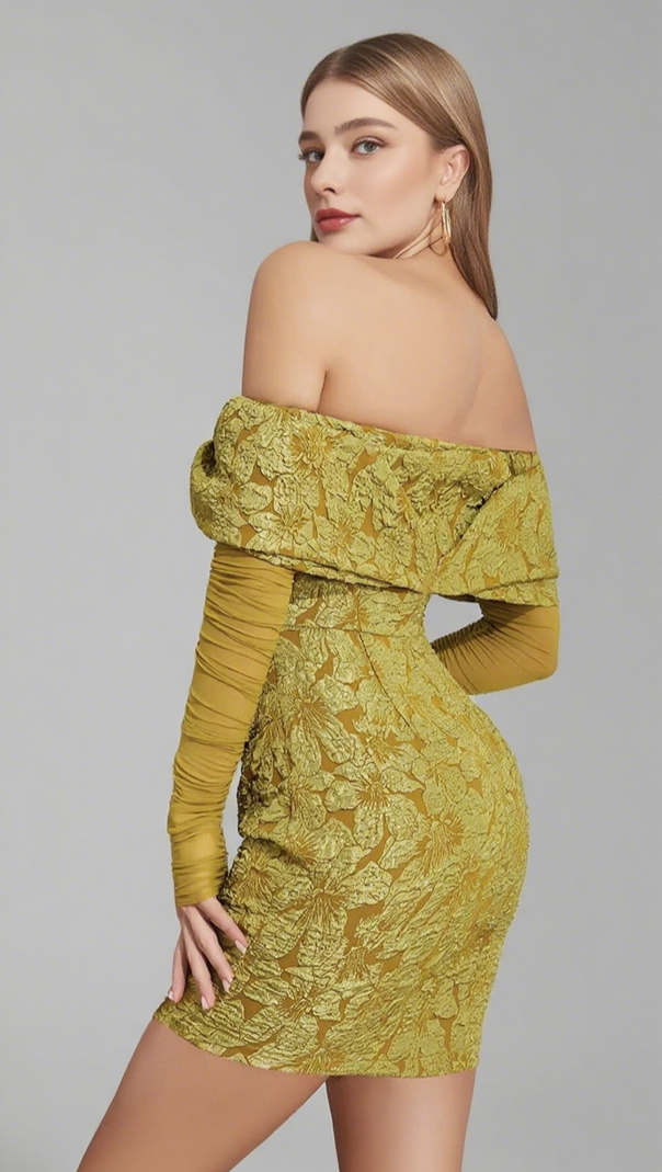 AIIZIE FLORAL JACQUARD OFF - SHOULDER RUCHED MINI DRESS IN GREEN - product image