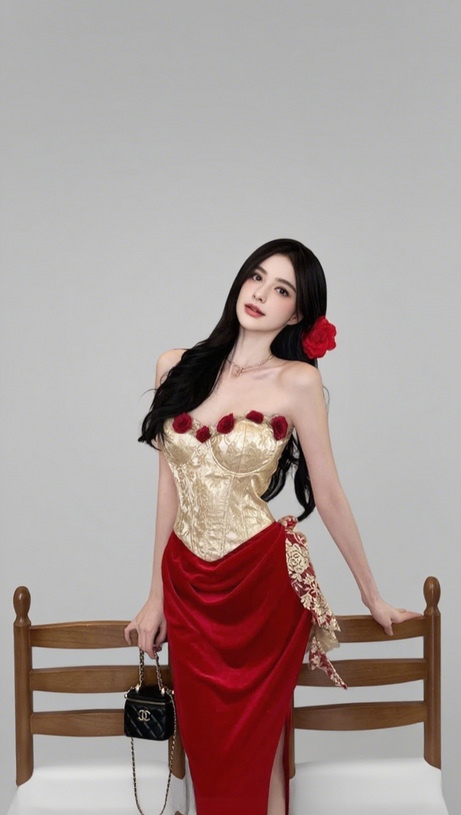 FLORAL ACCENT STRAPLESS MIDI DRESS IN GOLD RED