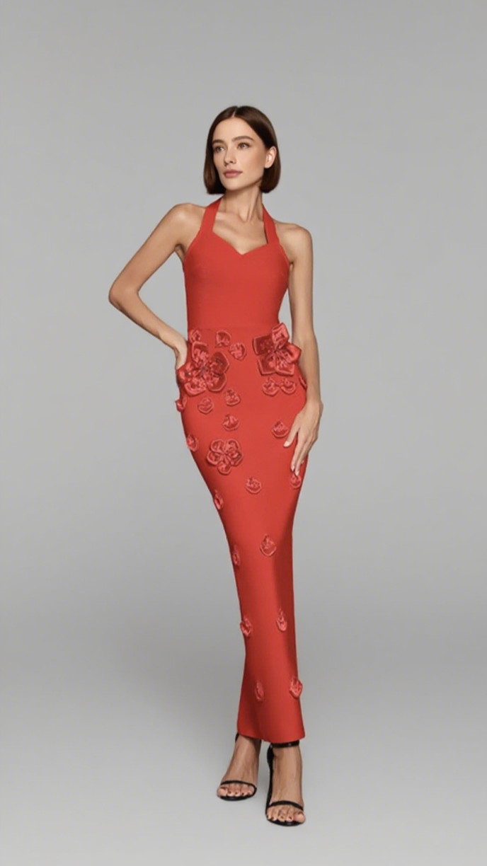 STRAPLESS FLORAL EMBELLISHED MIDI DRESS IN RED