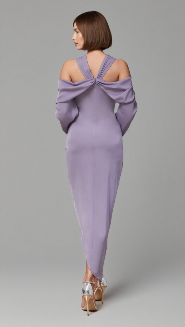 AIIZIE COLD - SHOULDER DRAPED ASYMMETRIC MIDI DRESS IN LILAC - product image