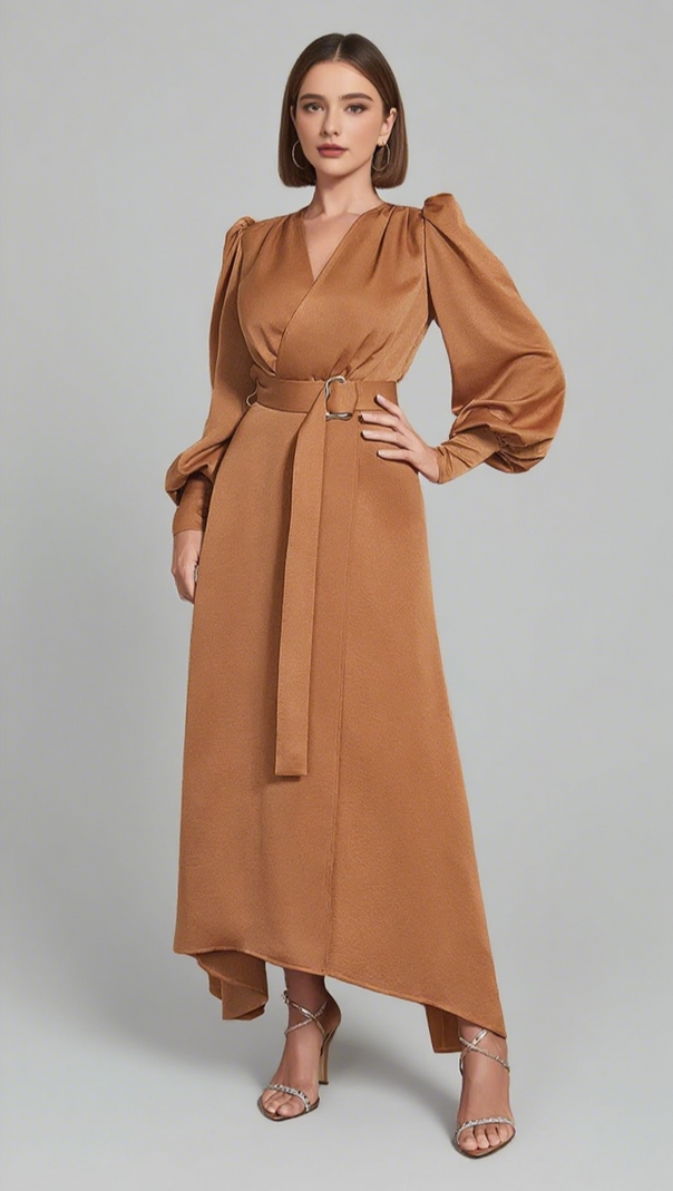 AIIZIE WRAP - V NECK BELTED PUFF - SLEEVE MIDI DRESS IN BROWN - product image