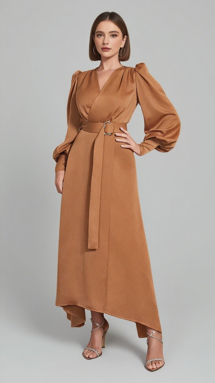 Wickel-Midikleid mit V-Ausschnitt, Gürtel und Puffärmeln in Braun 