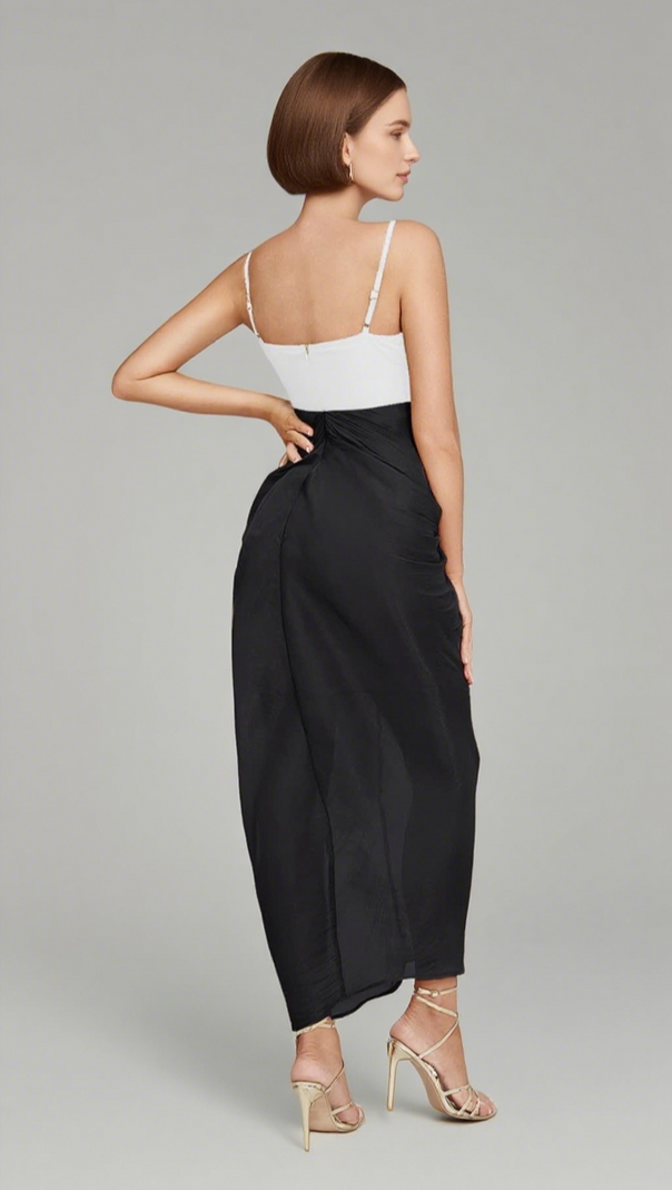 AIIZIE RUCHED CHIFFON MIDI DRESS IN BLACK AND WHITE - product image