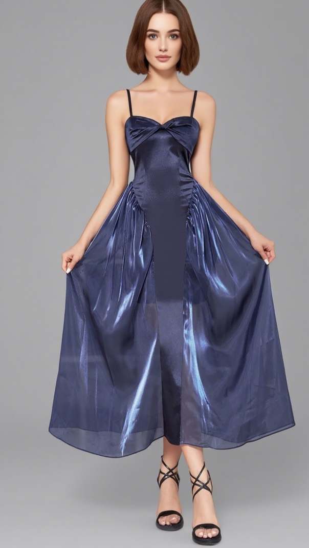 AIIZIE SATIN BOW - FRONT SHEER - SKIRT MIDI DRESS IN NAVY BLUE - product image