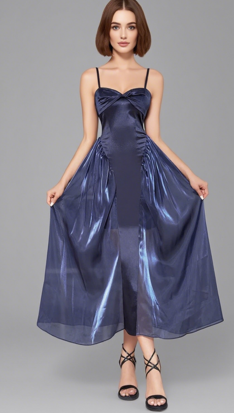 SATIN BOW - FRONT SHEER - SKIRT MIDI DRESS IN NAVY BLUE