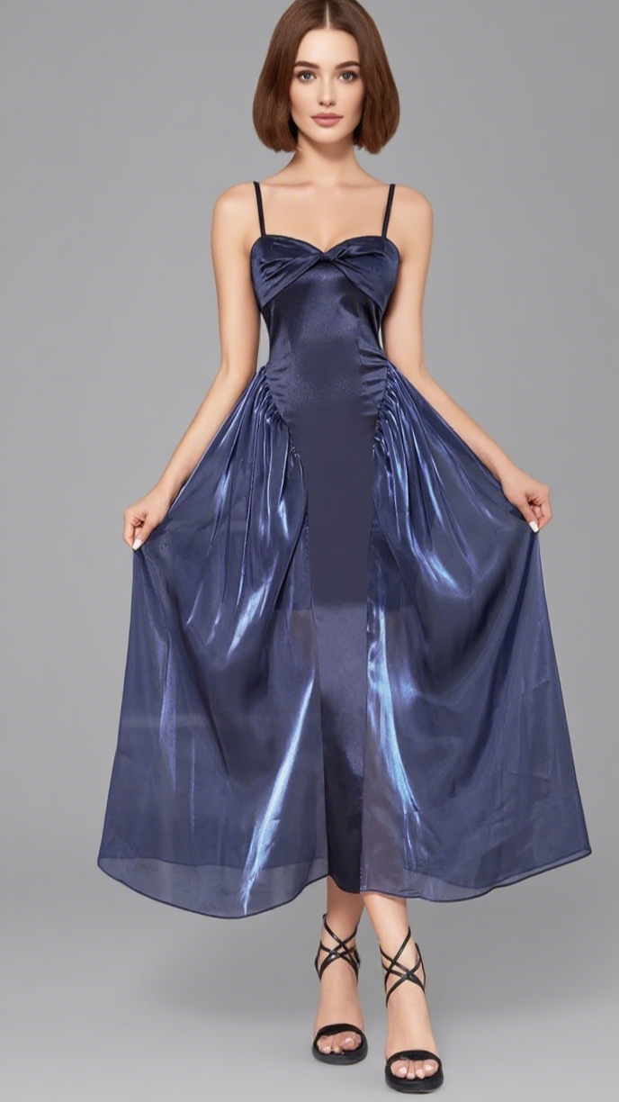 SATIN BOW - FRONT SHEER - SKIRT MIDI DRESS IN NAVY BLUE