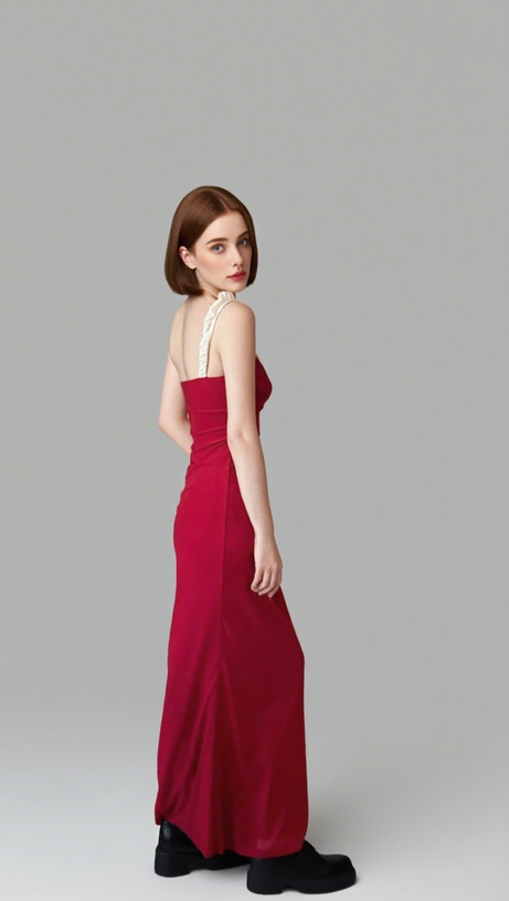 rotes Bustier-Maxikleid mit V-Ausschnitt