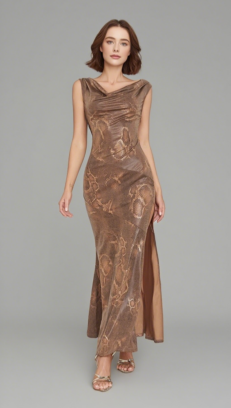 SNAKE - PRINT COWL - NECK MERMAID MIDI DRESS