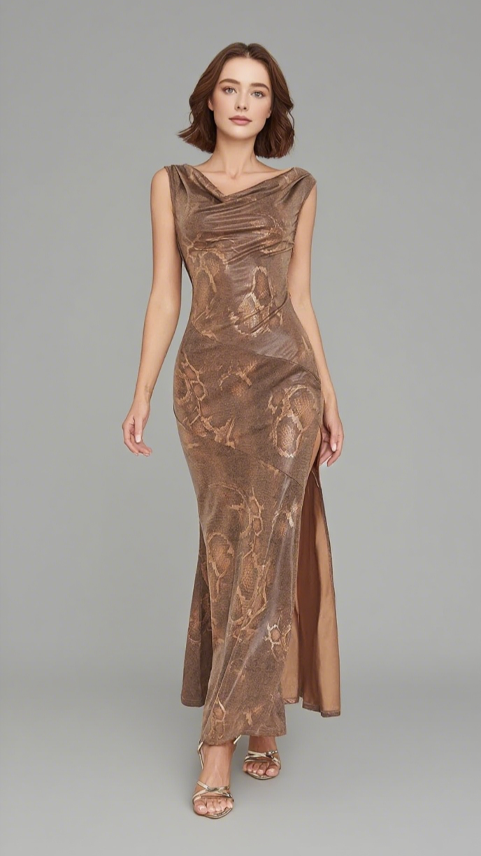 SNAKE - PRINT COWL - NECK MERMAID MIDI DRESS