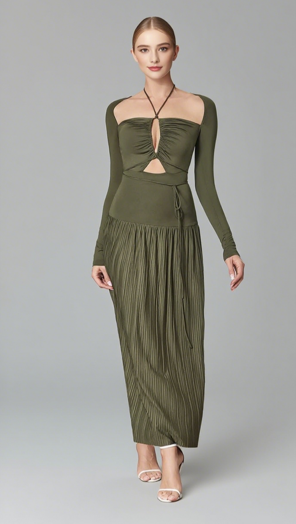 AIIZIE CUT - OUT TIE - WAIST MIDI DRESS IN OLIVE GREEN - product image
