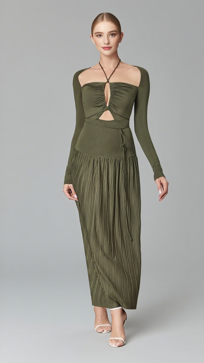 CUT - OUT TIE - WAIST MIDI DRESS IN OLIVE GREEN