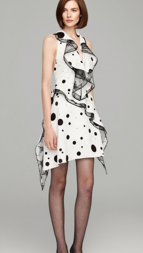 PHOENIX RUFFLED POLKA DOT BACKLESS MINI DRESS IN WHITE