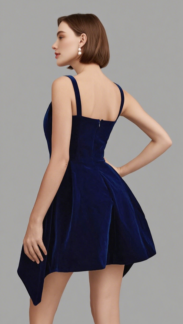 AIIZIE BOW - STRAP V - NECK ASYMMETRIC MINI DRESS IN NAVY BLUE - product image