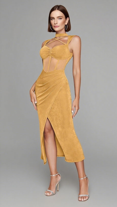 Midikleid mit gerüschtem Netzeinsatz und Cut-outs in Orange