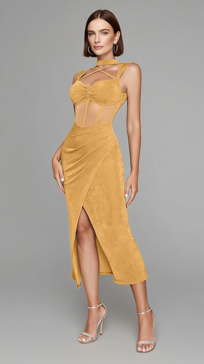 ABITO MIDI IN RETE CON INSERTI E RICAMI IN ARANCIONE