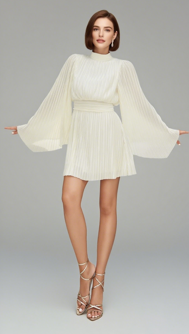 AIIZIE PLEATED MOCK NECK BELTED MINI DRESS IN WHITE - product image