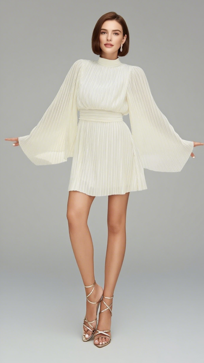 Plissiertes Minikleid mit Stehkragen und Gürtel in Weiß