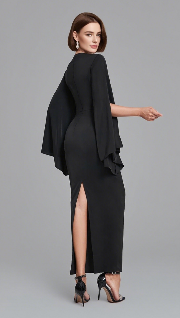 AIIZIE CROSS - WRAP BELL - SLEEVE MIDI DRESS IN BLACK - product image