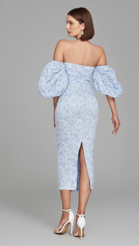 FLORAL - JACQUARD OFF - SHOULDER MIDI DRESS IN BLUE