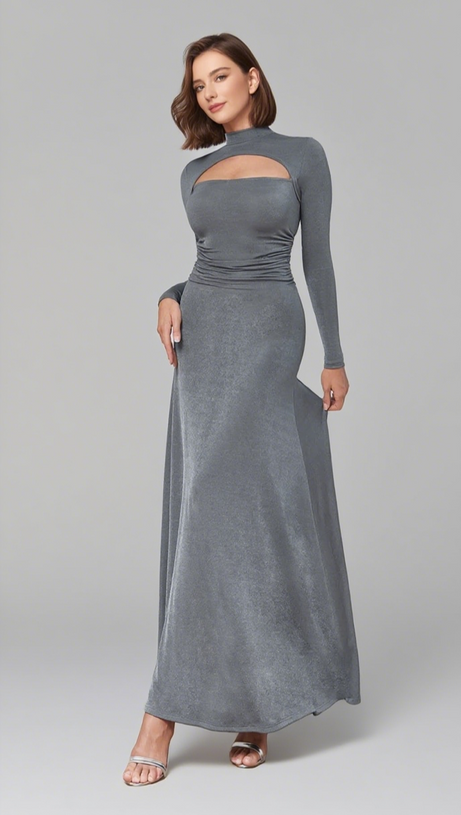 CUTOUT MOCK NECK RUCHED MAXI DRESS IN GRAY