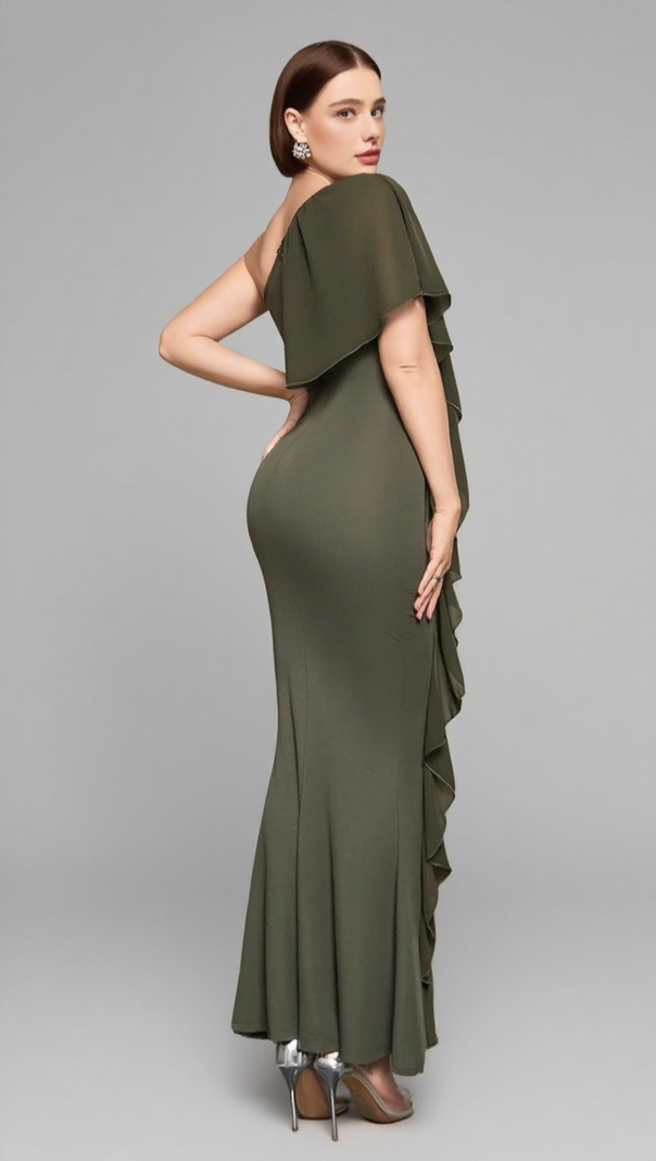 AIIZIE ONE - SHOULDER RUFFLED MERMAID MAXI DRESS IN DARK GREEN - product image