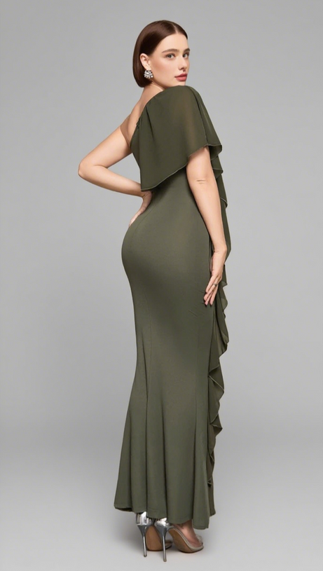 ONE - SHOULDER RUFFLED MERMAID MAXI DRESS IN DARK GREEN