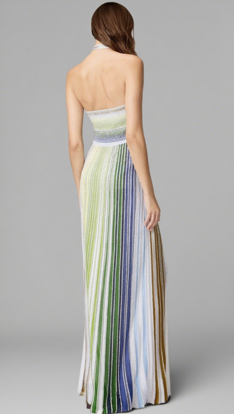HALTER METALLIC GRADIENT KNIT MAXI DRESS - GREEN