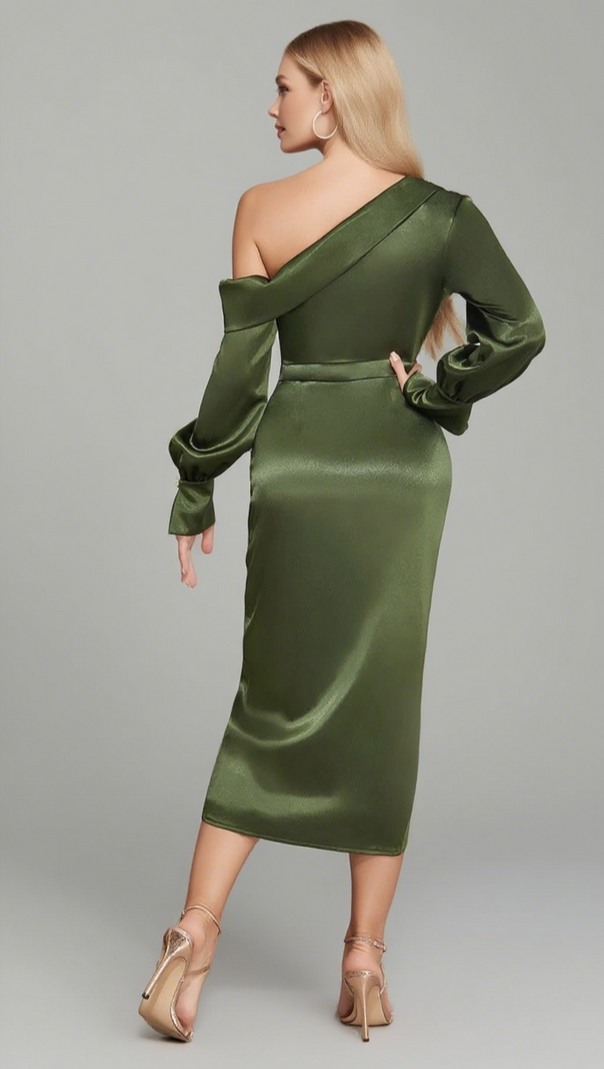 AIIZIE ONE - SHOULDER BUTTON - DETAIL SATIN MIDI DRESS IN DARK GREEN - product image