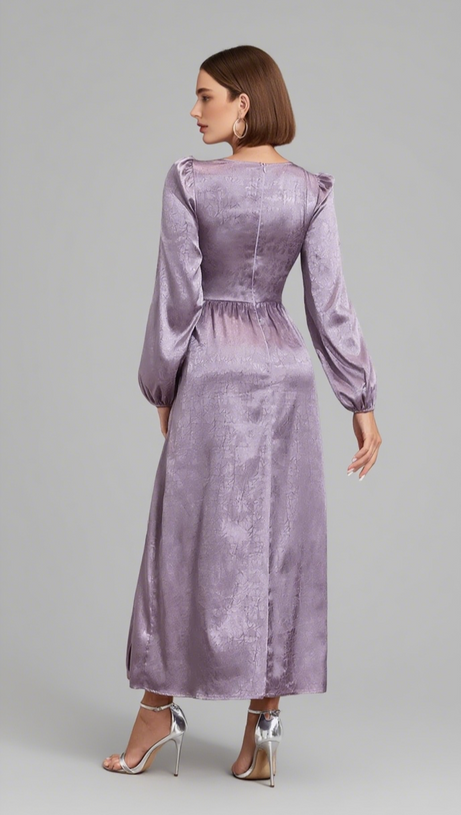 V - NECK BELTED BROCADE LONG - SLEEVE IN PURPLE