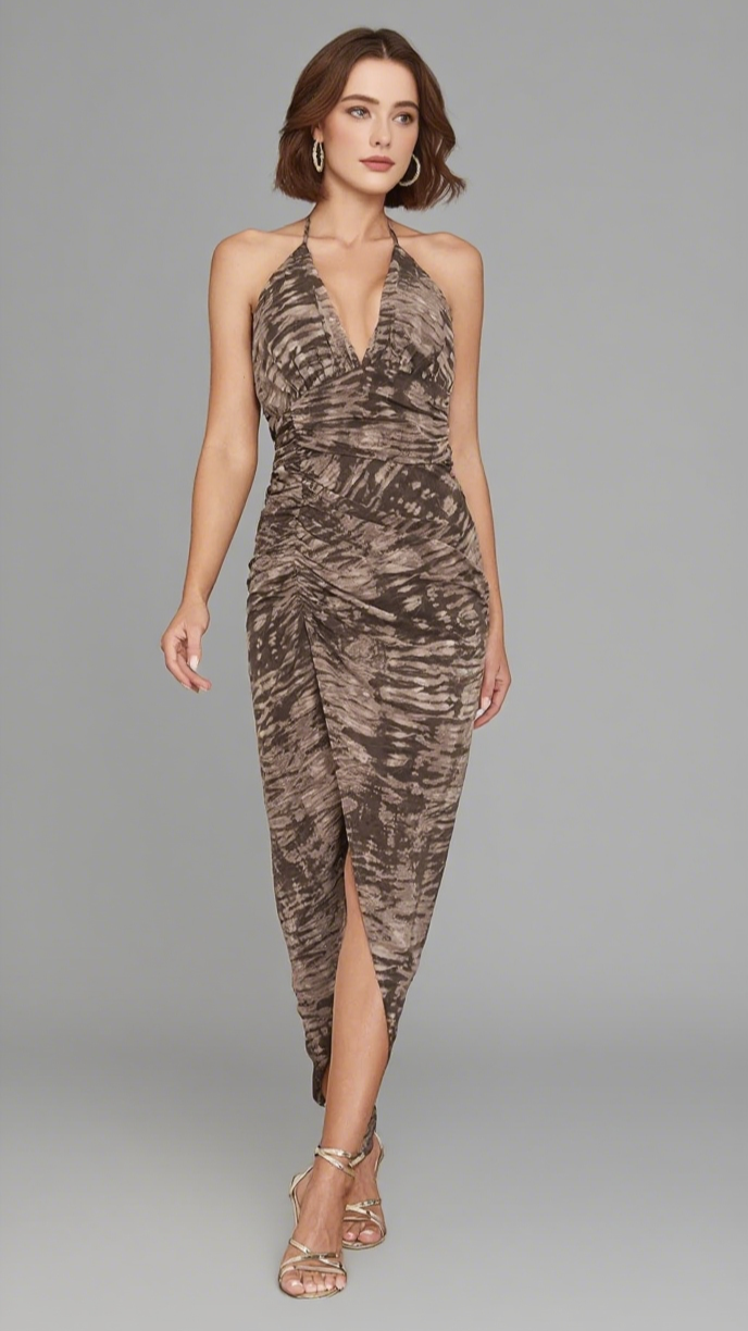 Tiger – Neckholder-Midikleid mit gerafftem Schlitz und Print