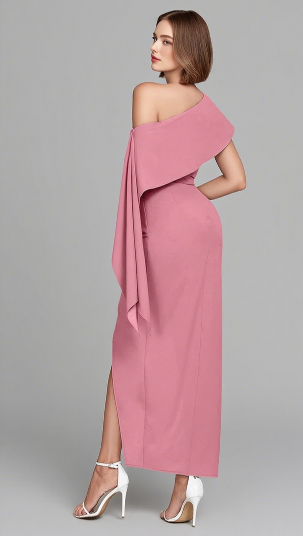 AIIZIE ONE - SHOULDER RUCHED ASYMMETRIC WRAP MIDI DRESS IN PINK - product image