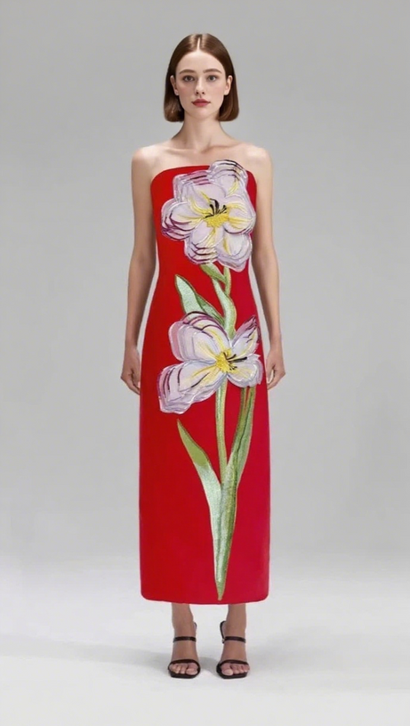 SUZANNE APPLIQUÉ FLORAL BUSTIER MAXI DRESS IN RED