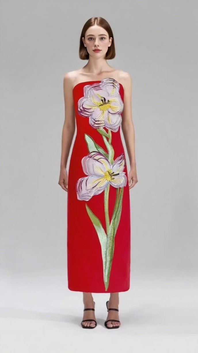 SUZANNE APPLIQUÉ FLORAL BUSTIER MAXI DRESS IN RED
