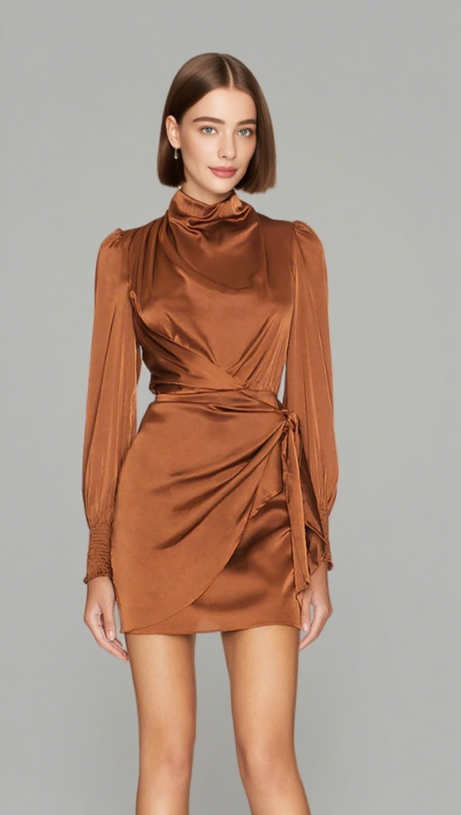 STAND COLLAR WITH IRREGULAR PLEATS MINI DRESS IN BROWN