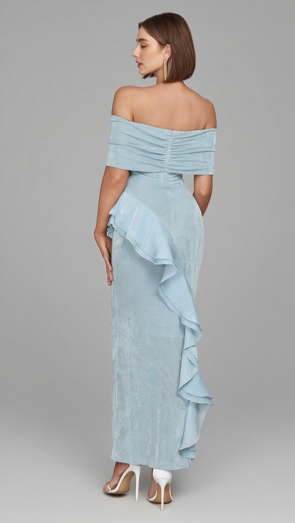 AIIZIE OFF - SHOULDER FLOWER - EMBELLISHED RUFFLE MIDI DRESS IN LIGHT BLUE - product image