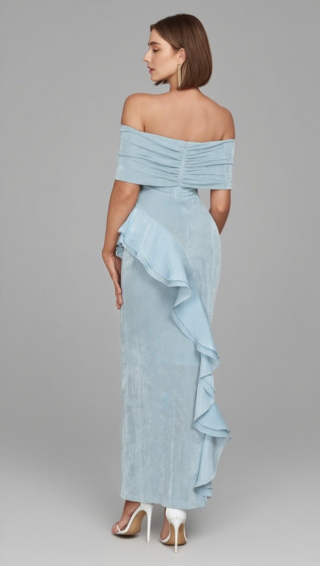 OFF - SHOULDER FLOWER - EMBELLISHED RUFFLE MIDI DRESS IN LIGHT BLUE